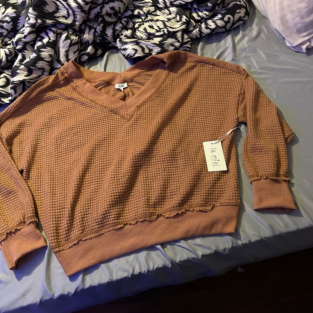 la miel off shoulder brown comfy sweater